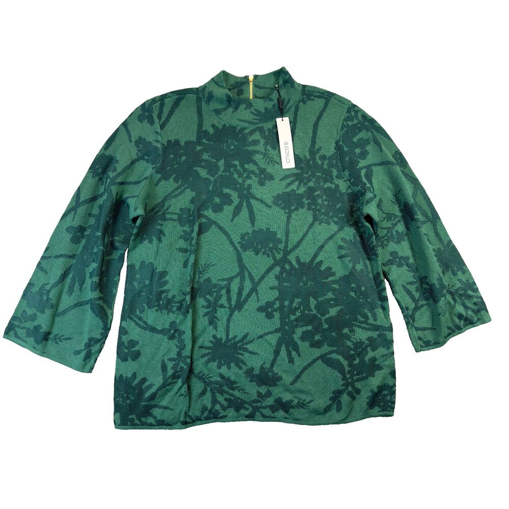 Chico's Sweater Womens 2 Large Green Pullover Floral Jacquard Mock Neck Top NWT